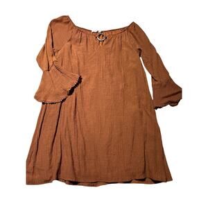 Liberty Love Womens 1XL Boho Burnt Orange Lined Crepe Bell Sleeve Casual Dress